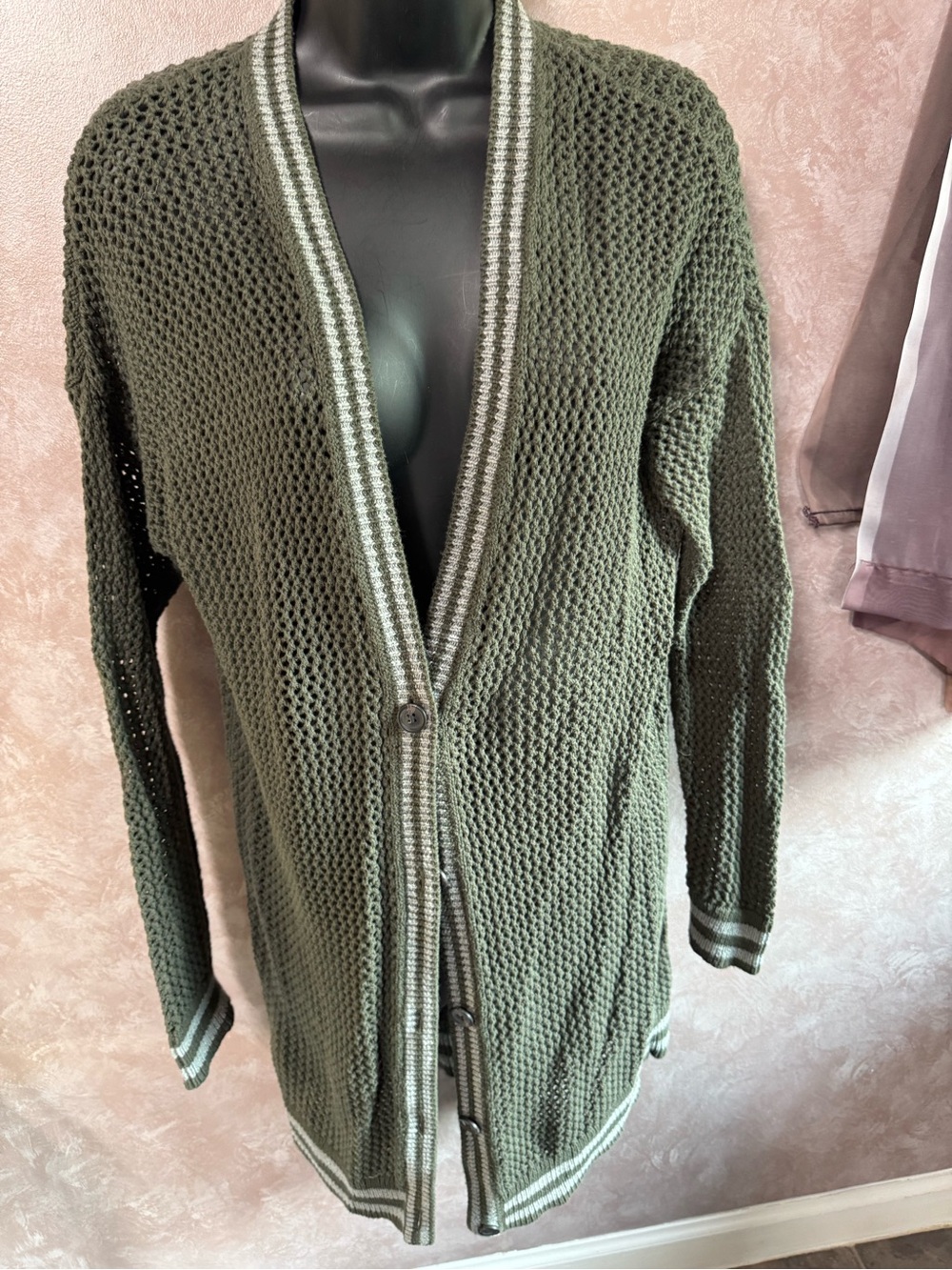 Vintage American Eagle Outfitters Olive Open-Weave Cardigan with Gray Trim
